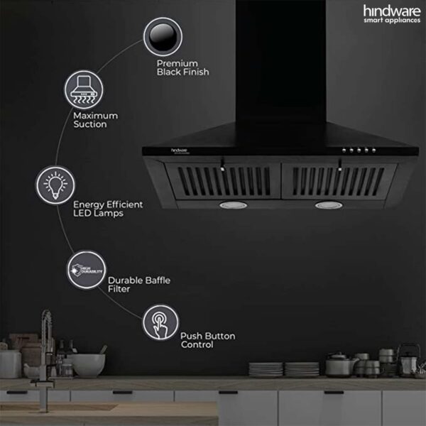 Hindware Smart Appliances | Marvia 60 cm Chimney | 1000 CMH | Pyramid | Push Button | Efficient Dual LED Lamps and Double Baffle Filter | 5 Yrs Warranty on Motor & 2 Yrs on Product (Black) - Image 4