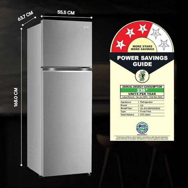 LG 272 L 3 Star Frost-Free Smart Inverter Compressor Double Door Refrigerator (GL-S312SPZX, Shiny Steel, Convertible & Multi Air Flow Cooling) - Image 2