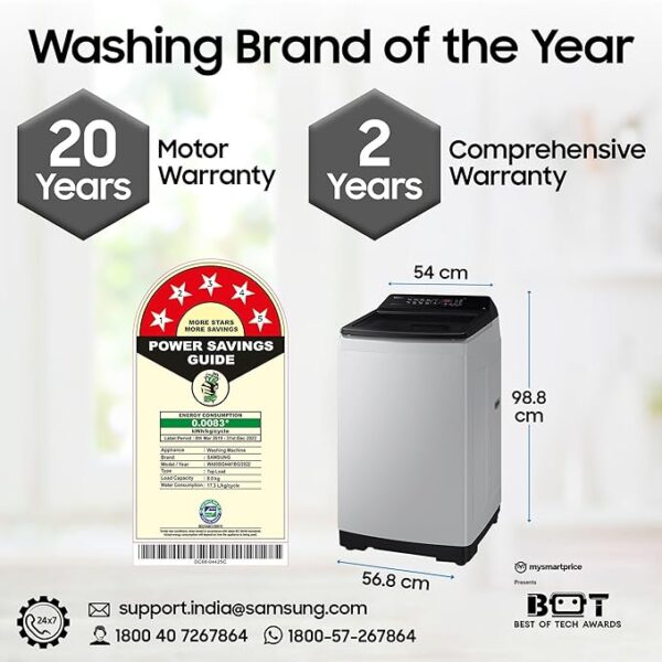 Samsung 8 kg, 5 star, Eco Bubble Tech, Digital Inverter Motor, Soft Closing Door, Fully-Automatic Top Load Washing Machine (WA80BG4441BGTL, Light Gray - Image 4