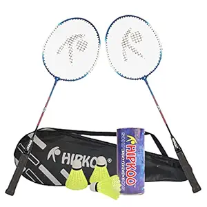Hipkoo Sports Intact Aluminum Badminton Rackets Set of 2 | Wide Body Shuttle Bat with Cover and 3 Shuttlecocks | Ideal for Beginner| Lightweight and Sturdy| Blue and Red
