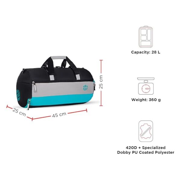 Harissons Trinity 28L Water Resistant Sports Duffel Gym Bag for Men & Women with Shoe Compartment & Yoga Mat Holder (Black & Turquoise) - Image 5