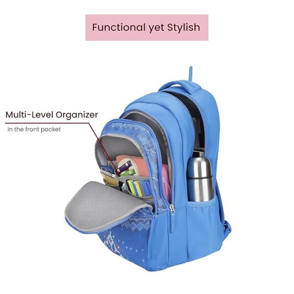 Genie Tess School Bag for Girls. Blue, 3 zips, Stylish & Trendy College Bags for Girls, Water Resistant, Lightweight Bags for Office, Travelling. 36 litres. 19" - Image 2